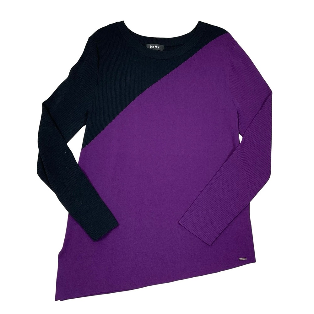 DKNY Asymmetrical Ribbed Sweater Knit Top Shirt Black Purple Plum XL